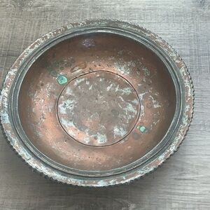 Silver Copper Bowl Patina braided trim primitive/antique 10 1/2  inch